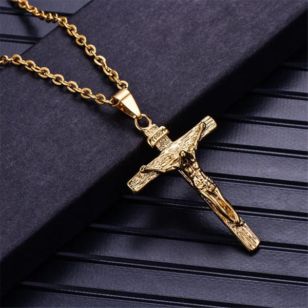 Corrente masculina joias cristãs presentes vintage cruz inri crucifixo peça de jesus pingente colar cor dourada 14k ouro amarelo