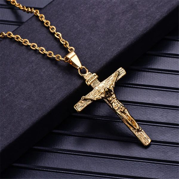 Catena da uomo Gioielli cristiani Regali Croce vintage Crocifisso INRI Collana con ciondolo pezzo di Gesù Colore dorato Oro giallo 14k