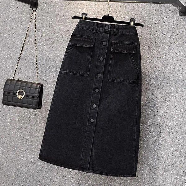 Röcke Übergroße Frauen Schwarz Denim Herbst Hohe Taille Einreiher A-linie Damen Elegante Schlitz Midi Jean