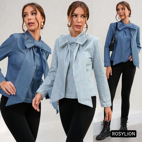 Damenjacken Ladies Herbst Winter Front Big Bow Kurzlebige Denim Coat Frauen hellblau Rücken Reißverschluss