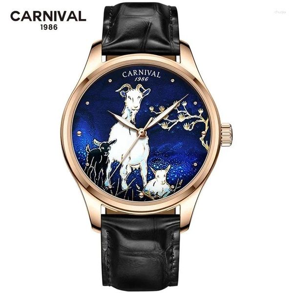 Armbanduhr Carnival Watch for Men Fashion 3D Ziege Freigelegte mechanische Armbanduhr 30m wasserdichtes Roségold Automatisch Montre