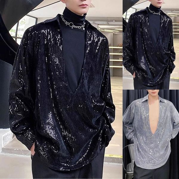 Camicie casual maschile da uomo Deep V Neck a perline luminose per bead palover camicetta stage cong Street wear tops for Spring Autumn Fashion