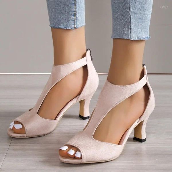 Sandalet 2023 Kadınlar İçin Ayakkabı Kapak Topuk Kadınlar Peep Toe Ofis Sandal Geri Zip Plus Boyut Stiletto Bayanlar