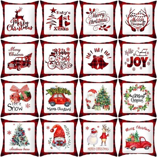 Cuscino/Cuscino decorativo Buon Natale Decorazioni per la casa Fodera per cuscino Babbo Natale Alce Rosso Auto Lettera stampata Federa Plaid Festival Deco