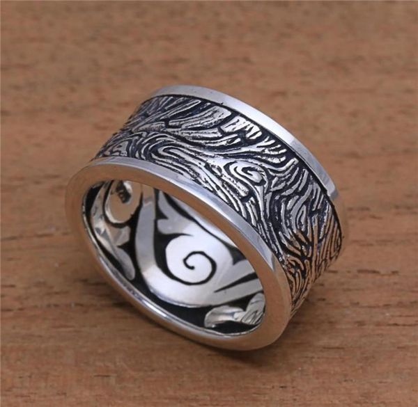 Ring aus massivem 925er-Sterlingsilber, Holzaußenseite, geheimnisvolles Muster, Vintage-Ringe für Männer und Frauen, Hochzeit, Silberschmuck, Größe 5, 129787721