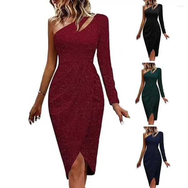 Vestidos casuais mulheres sexy um ombro de manga longa de manga longa banquete de banquete cintilante colar diagonal embrulhado bodycon plissado