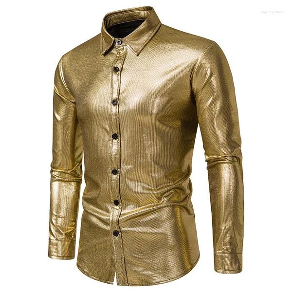 Camisas masculinas de ouro moda de mangas compridas formal camisa de casamento bronzeamento impressão palco desempenho lapela magro boate