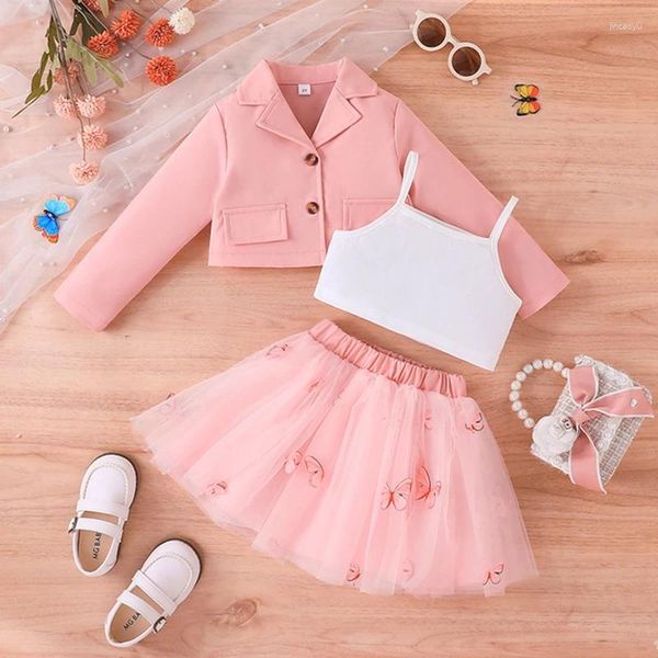 Set di abbigliamento Completo per ragazza per bambini Set di vestiti da 3 pezzi Canotta senza maniche e gonna in tulle con stampa di farfalle Cappotto a maniche lunghe con bottoni Autunno