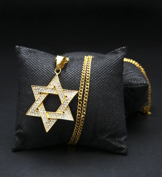 Diamante estrela de david pingente colar feminino masculino banhado a ouro prata hip hop israel colar clássico david star star2751558