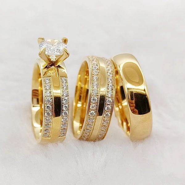 Alta qualidade 3 pçs casamento anéis de noivado conjunto para casais cz diamante 18k banhado a ouro moda jóias amante anel 231225