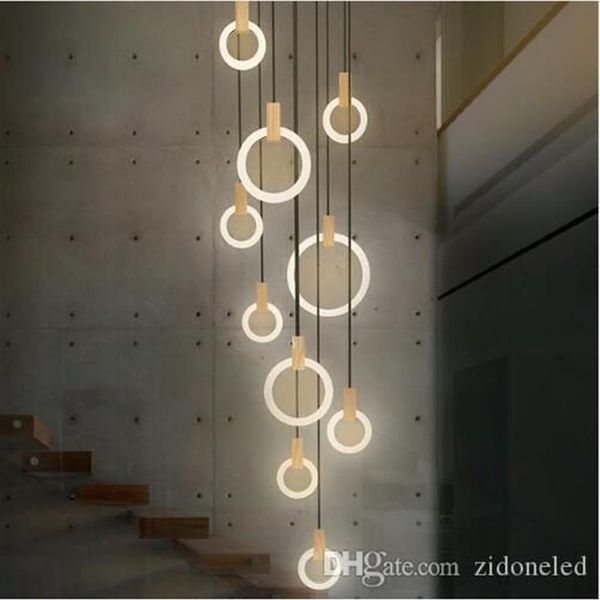 Lampadario moderno a LED in legno Illuminazione Anelli in acrilico Droplighs a LED Illuminazione per scale 3 5 6 7 10 Anelli Apparecchio di illuminazione per interni228N