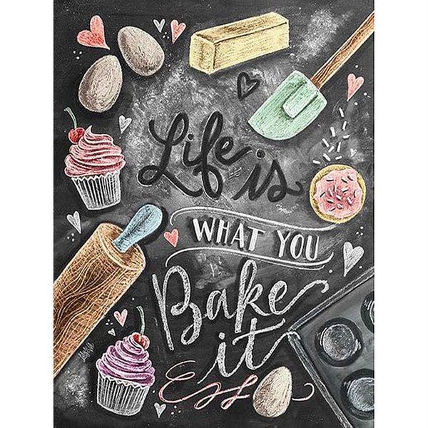 5D-Diamantgemälde zum Selbermachen, „Life Is What You Bake It“, handgefertigt, voller quadratischer Strasssteine, Diamantstickerei, Mosaik, Wanddeko289f