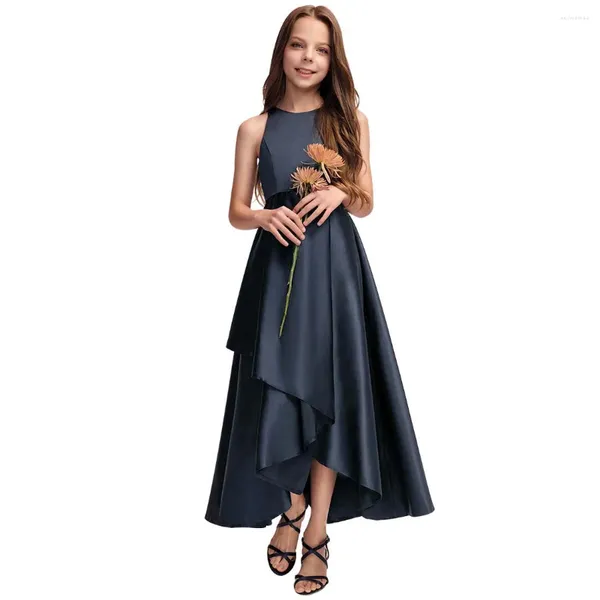 Mädchenkleider YZYmanualroom Blumenkleid für Junior-Brautjungfern, A-Linie, U-Ausschnitt, asymmetrischer Satin mit kaskadierenden Rüschen, 2–15 Jahre