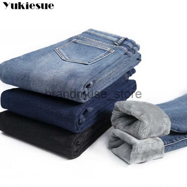 Jeans femininos inverno grosso feminino veludo mulheres cintura alta jeans magros simples lã quente slim fit estiramento senhoras casual denim lápis calças j231226