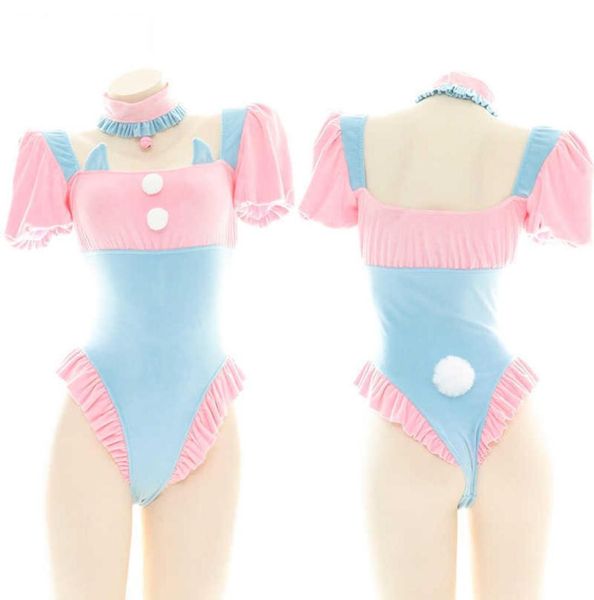 Cosplay Perücken Lolita Blau Rosa Puffärmel Bodysuit Süße Katzenohren Rüschen Bademode Japanisches Schulmädchen Cosplay Sukumizu Maid Unifor4621827