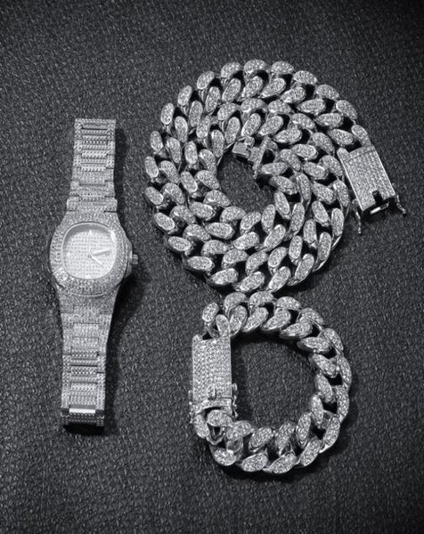 Masculino iced out diamante cubano link corrente rosa ouro prata relógio colar pulseira conjunto hip hop bling correntes jóias3548310