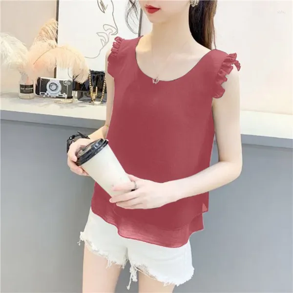 Damenblusen, koreanischer Stil, Damen-Chiffon-Bluse, Hemden, einfarbig, ärmellos, weibliche Weste, Basic-Oberteile