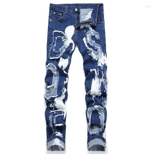 Calças de brim masculinas High Street Stretch Letter Bordado Patch Mens Rasgado Streetwear Punk Estilo Denim Calças Slim Moda Pequenos Pés