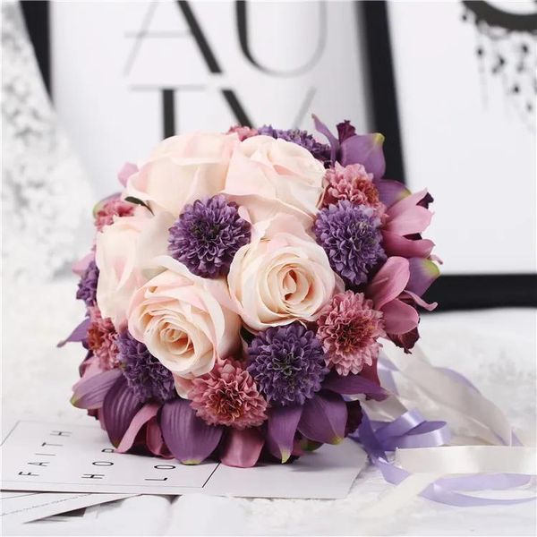 Grinaldas 1 pcs feito à mão de alta qualidade lindo roxo cor rosa nupcial dama de honra buquê de casamento flor artificial rosa buquê de noiva