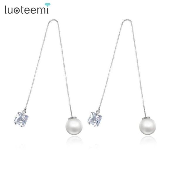 Lampadario pendente LUOTEEMI Orecchini pendenti alla moda di marca Doppio lato brillante CZ con gioielli di perle simulate Filo auricolare Lunga catena Br6645058