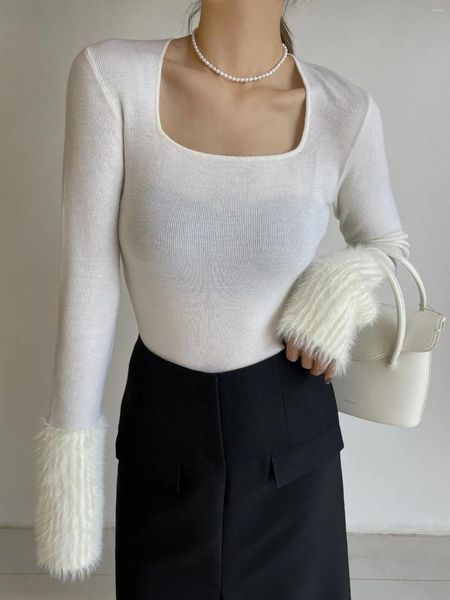 Kadın Sweaters y2k Ekleme Peluş Kollu Örgü Kazak Sıradan Basit Seksi Kare Boyun Dip İnce Kadın Giyim 2023 Kış