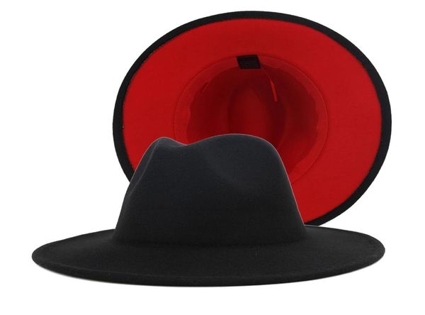 Мужские и женские черно-красные лоскутные шерстяные фетровые шляпы Floppy Jazz Fedora, модная вечеринка, официальная ковбойская шляпа с широкими полями, панама Trilby Cap3498737