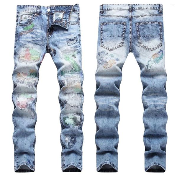 Jeans masculinos estilo europeu marca de moda buraco homens calças skinny slim biker denim azul estiramento design para marido tamanho grande 40 42