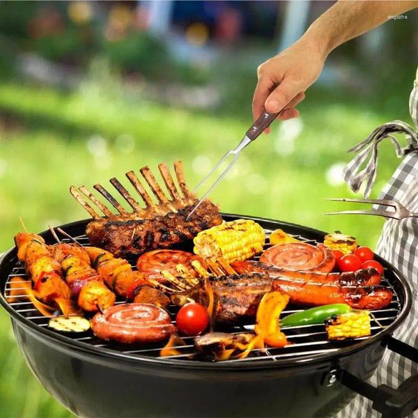 Forchette Forchetta per barbecue Spiedino per barbecue grande Kebab riutilizzabile in acciaio inossidabile con manico in legno Strumenti da picnic per campeggio all'aperto