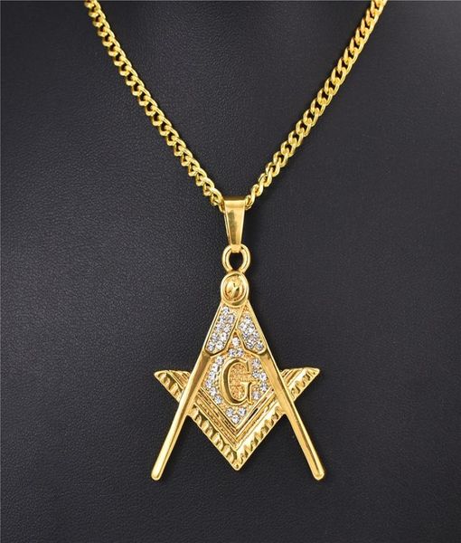 Мода мужчина хип -хоп масонский кулон 18 тыс. Золотого ожерелья мужские ювелирные украшения из хрустального страза Дизайн