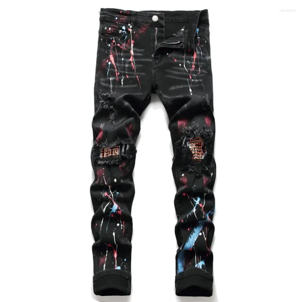 Herren Jeans Hip Hop Hold Herren Rivet Ripped Denim Hosen Spray Bedruckte Streetwear Slim Fit Designer Herren Kleidung Punk