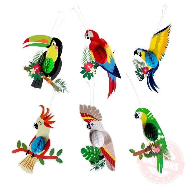 6 pezzi Set di uccelli tropicali a nido d'ape tagliati in carta pappagallo Hawaii Summer Beach Decorazione per feste a tema Forniture per feste di compleanno 231225