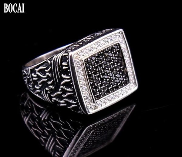 Véritable S925 bijoux en argent pur diamant noir et blanc Men039s bague Vintage goutte d'huile Zircon pour homme Cluster Rings9618575