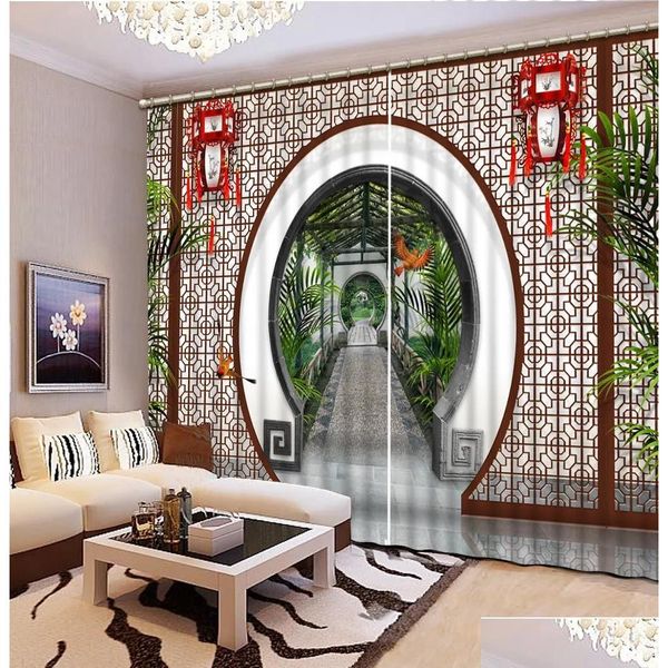 Cortina estilo chinês 3d cortinas paisagem janela decoração na sala de estar branco entrega casa jardim têxteis tratamentos dhtba