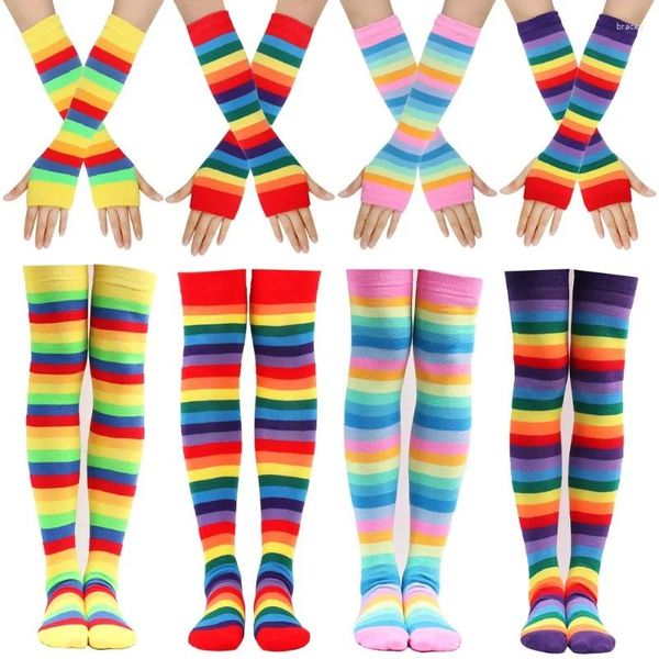 Женские носки, 1 комплект, красочные радужные чулки выше колена, вязаные теплые перчатки, полосатые рождественские аксессуары