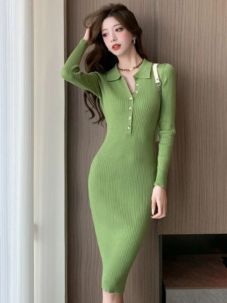 Herbst Winter Gestrickte Lange Kleid Frauen Kleidung Elegante Hübsche Pullover Lange Hülse Dünne Midi Robe Mujer Vestidos 231226