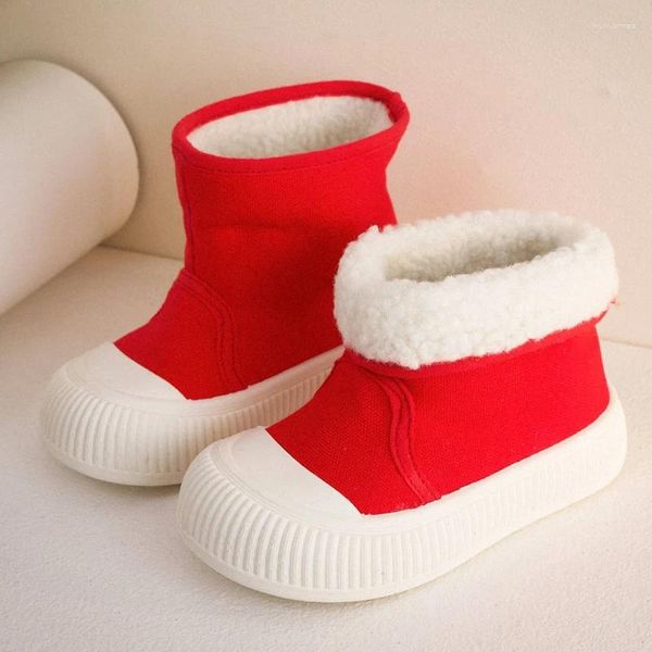 Botas 15-19cm moda lona neve para meninas meninos natal sólido vermelho verde tornozelo com veludo grosso 0-6year crianças inverno