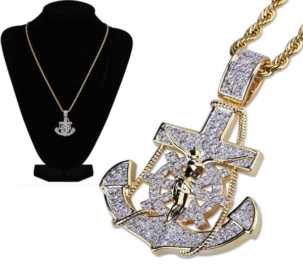 Novo banhado a ouro 18K Iced Out Cublic Zirconia Vine Anchor Pingente Colar Torção Corrente 2 Cores Hip Hop PunkRock Jóias Presentes para Homens 4243240