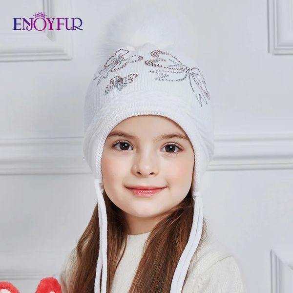 Enjoyfur s bowknot crianças chapéus de inverno pele real pompom chapéu de malha menina linda rosa meninas gorros outono bonés 231225