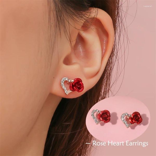 Ohrstecker 2023 Exquisite Luxus Rote Rose Liebe Strass Damen Herzförmige Perforierte Koreanische Modeschmuck