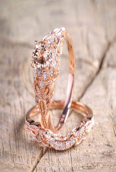 Роскошные женские обручальные кольца, набор из 2 предметов, блестящие кольца с цирконом круглой огранки, розовое золото, цвет вечерние, ювелирные изделия с кристаллами, аксессуары1305280