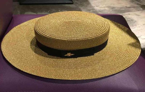Chapéus de sol pequena abelha palha chapéu europeu e americano retro ouro trançado chapéu feminino solto protetor solar pára-sol plana viseiras chapéus 2104753800