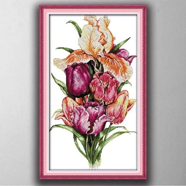 Werkzeuge Edle Tulpen-Blumen-Wohnkulturgemälde, handgefertigte Kreuzstich-Stickerei-Nadelarbeitssets, gezählter Druck auf Leinwand DMC 14CT/11C