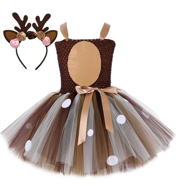 Costumi da cervo per ragazze Abito natalizio per bambini Costumi di Halloween Renna Abito tutù in tulle Compleanno Abiti da principessa Marrone 22026214311