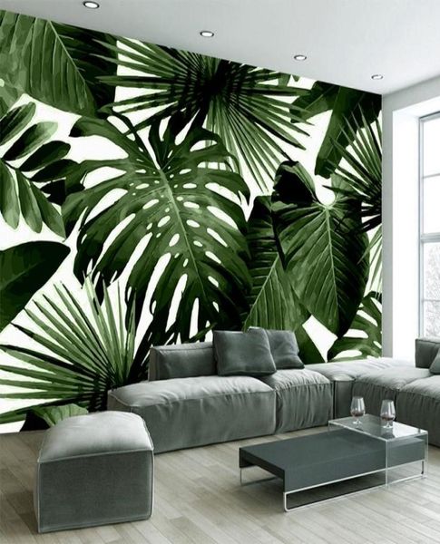 3D самоклеящиеся водонепроницаемые настенные обои на холсте, современные зеленые листья, тропический лес, растительные фрески для спальни, 3D наклейки на стену9483160