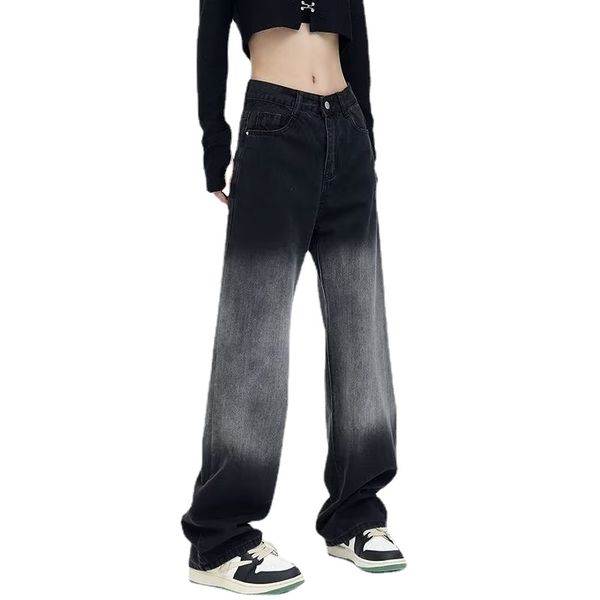 Черные джинсы с градиентом, женские осенне-зимние новые широкие брюки прямого кроя с высокой талией и широкими штанинами.