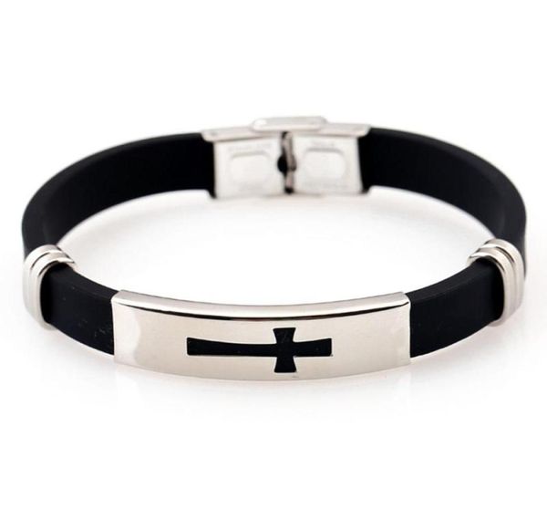 Прохладный модный черный силиконовый браслет-подвеска Men039s из нержавеющей стали с крестом Bangle8102470