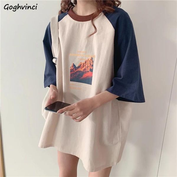 Camicie magliette donne lunghe patchwork graphic oneck tre quarto manica coreana in stile preppy design eleganti signore kawaii ragazze hipster