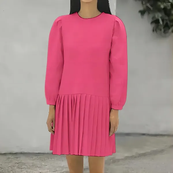 Sıradan Elbiseler Uzun Kollu Kadınlar Pembe Mini Elbise 2023 Sonbahar ve Kış Crewneck Pileled Vetsidos Moda Tatil Kısa Cobles