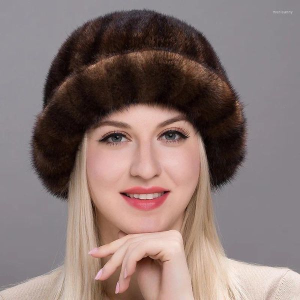 Berets Winter Mink True Fur Hat Mulheres Pele Top Moda Engrossada Berry Round