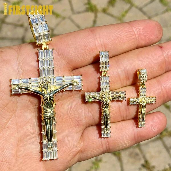 Gelado para fora jesus cruz pingente colar para homens mulheres com corrente de corda bling 5a zircão geométrico religião moda hip hop jóias 231225
